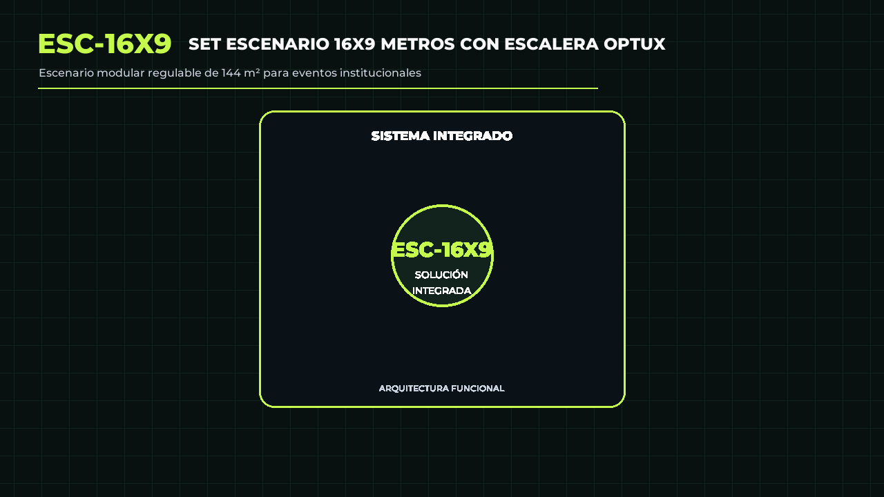 Animación referencial de Set Escenario 16x9 Metros con Escalera Optux