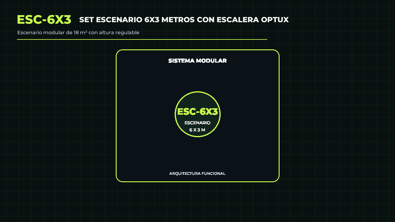 Animación referencial de Set Escenario 6x3 Metros con Escalera Optux